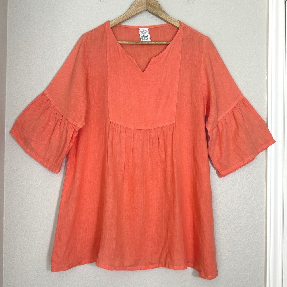 Match Point Tunic Top 100% Linen Medium Coral Orange Ruffle Bell Sleeve Boho